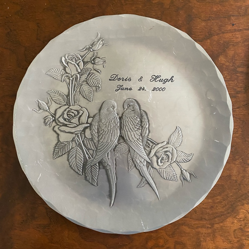 Lovebirds vintage hammered metal wedding plate Wendell August Forge Doris Hugh